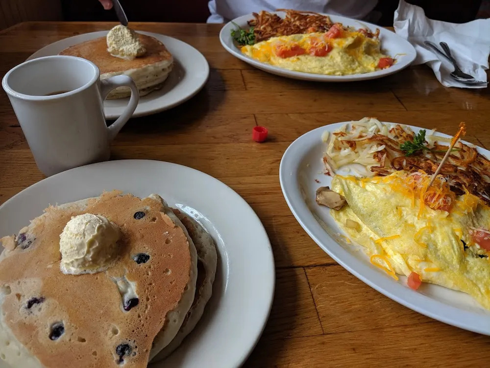 Blueberry Pancakes and Eggs with Hash Browns